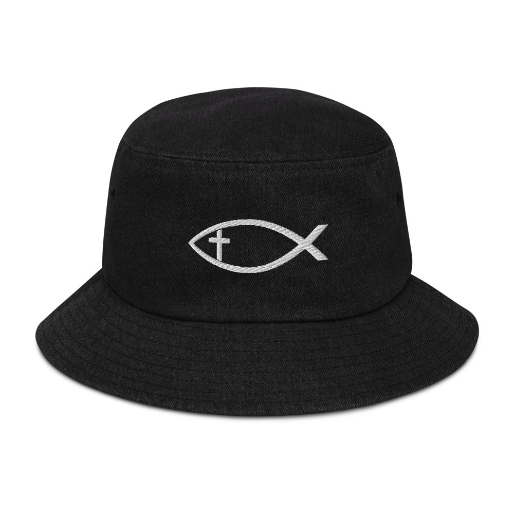 Ichthys Christian Fish Denim Bucket Hat - Hialeah Hat Mart
