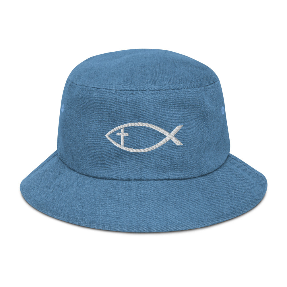 Ichthys Christian Fish Denim Bucket Hat - Hialeah Hat Mart
